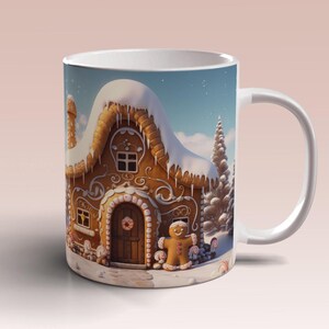 May include: White ceramic mug with a gingerbread house design. The house is decorated with white frosting and candy. A gingerbread person stands in front of the house.