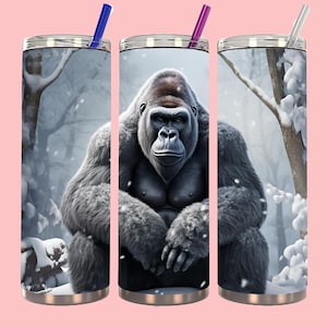 3D Gorilla in Winter 20 oz Skinny Tumbler Sublimation Design Gorilla With Snow Straight Tapered Tumbler Wrap Instant Digital Download PNG