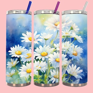 Watercolor White Daisies 20 oz Skinny Tumbler Sublimation Design White Daisies Straight Tapered Tumbler Wrap Instant Digital Download PNG