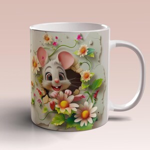 3D Mouse With Flowers Hole In A Wall Mug Wrap 11oz 15oz Mug Template Mug Sublimation Design Mug Wrap Template Instant Digital Download PNG