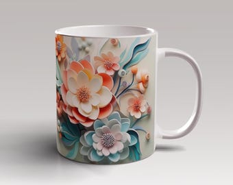 3D Pastel Colors Flowers Mug Wrap 11oz 15oz Mug Template 3D Flower Mug Sublimation Design Mug Wrap Template Instant Digital Download PNG