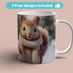 May include: White ceramic mug featuring a brown and white squirrel wearing a white knitted scarf. The squirrel is looking at the viewer and has a happy expression. The background is a snowy woodland scene.