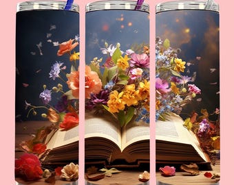 Books Tumbler Template, 20oz Skinny Tumbler Sublimation Design, Flowers Straight Tapered Tumbler Wrap, Instant Digital Download PNG