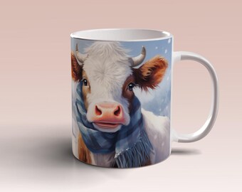 3D Cow With Scarf Mug Wrap 11oz 15oz Mug Template Cute Cow Farm Animal Mug Sublimation Design Mug Wrap Template Instant Digital Download PNG