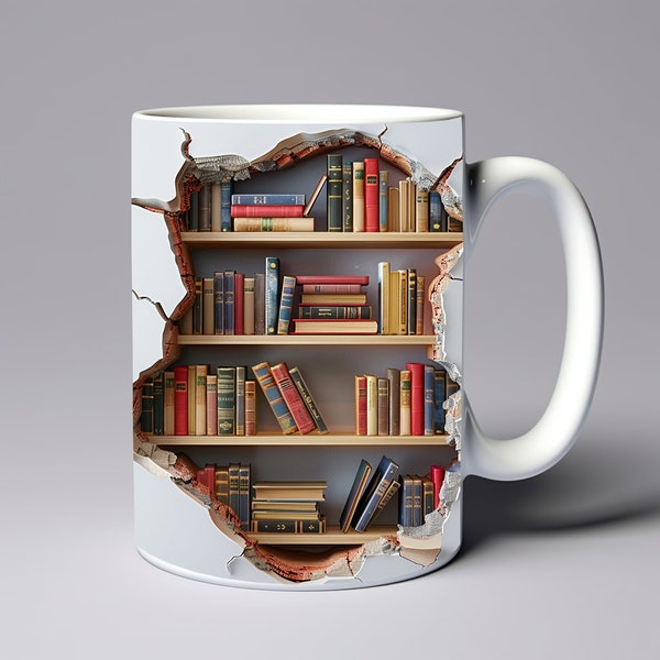 3D Bookshelf Hole In Wall Mug Wrap 11oz 15oz Mug Template Mug Sublimation Book Bookshelf Mug Wrap Template Instant Digital Download PNG