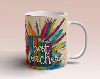 Colorful Pencil Best Teacher Mug Wrap 11oz 15oz Mug Template Mug Sublimation Design Best Teacher Mug Template Instant Digital Download PNG