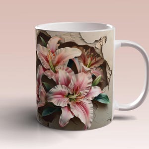 3D Pink Lilies Mug Wrap, 11oz 15oz Mug Template Mug Sublimation Design, Flowers Coffee Mug Wrap Template Lilies Instant Digital Download PNG