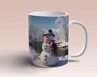 3D Christmas Snowman Snow in Lake Mug Wrap, 11oz 15 oz Mug Template, 3D Snowman Sublimation Design, Winter Gift Instant Digital Download PNG