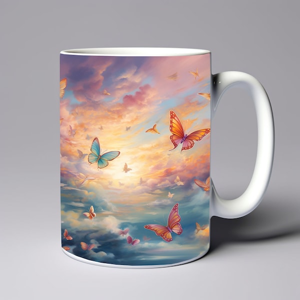 Butterflies Pastel Colors Sky Mug Wrap 11oz 15oz Mug Template Mug Sublimation Design Mug Wrap Template Instant Digital Download PNG