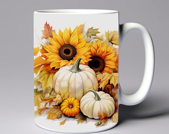 Può includere: Tazza in ceramica bianca con un design autunnale con girasoli, zucche e foglie autunnali. I girasoli sono gialli con centri marroni, e le zucche sono bianche con un tocco di giallo. Le foglie sono arancioni, gialle e marroni.