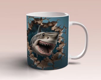 3D Shark Hole In A Wall Ocean Mug Wrap 11oz 15oz Mug Template 3D Shark Mug Sublimation Design Mug Wrap Template PNG Instant Digital Download