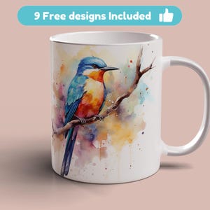 Watercolor Bird Mug Wrap, 11oz 15oz Mug Template, Bird on Tree Mug Sublimation Design, Bird Mug Wrap Template, Instant Digital Download PNG