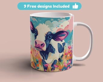 Emballage de tasse de fleurs colorées de ferme de vache, modèle de tasse de 11 oz 15 oz, conception de sublimation de tasse, modèle de tasse de fleurs florales, téléchargement numérique instantané PNG