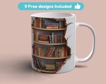 3D Bookshelf Hole In Wall Mug Wrap 11oz 15oz Mug Template Mug Sublimation Book Lover Design Mug Wrap Template Instant Digital Download PNG