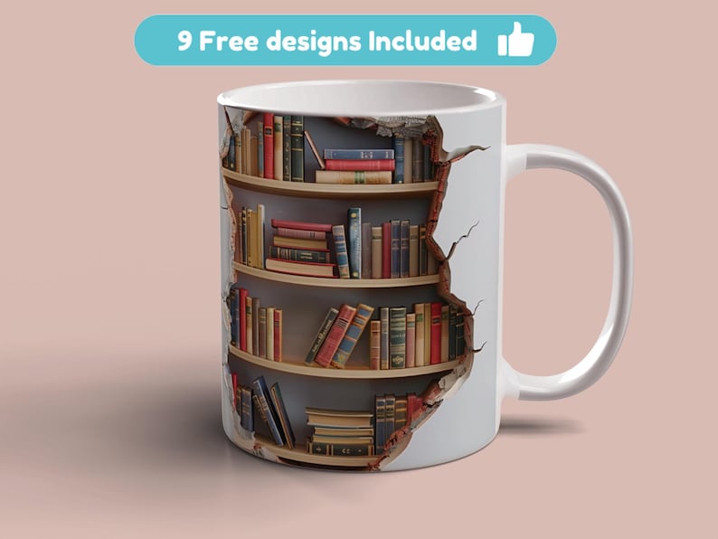 3D Bookshelf Hole In Wall Mug Wrap 11oz 15oz Mug Template Mug Sublimation Book Lover Design Mug Wrap Template Instant Digital Download PNG