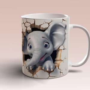 3D Baby Elephant Mug Wrap 11oz 15oz Mug Template Mug Sublimation Design Elephant Hole In Wall Wrap Template Instant Digital Download PNG