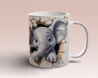 3D Baby Elephant Mug Wrap 11oz 15oz Mug Template Mug Sublimation Design Elephant Hole In Wall Wrap Template Instant Digital Download PNG