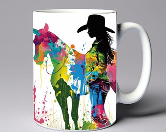 Cowgirl With Horse Colorful Mug Wrap 11oz 15oz Mug Template Cowgirl Mug Sublimation Design Mug Wrap Template Instant Digital Download PNG