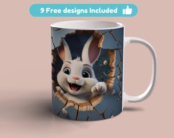 3D Rabbit Mug Wrap, 11oz 15oz Mug Template, 3D Easter Rabbit Mug Sublimation Design 3D Rabbit Mug Wrap Template Instant Digital Download PNG