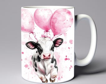 Kuh lila Ballon Geburtstag Becher wickeln 11 15 Unzen Becher Vorlage Becher Sublimation Design Niedliche Geburtstag Becher Wrap Vorlage Sofortiger digitaler Download PNG