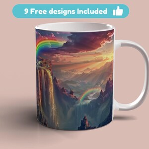 Pode incluir: Caneca de cerâmica branca com um design de paisagem vibrante com um arco-íris, cachoeiras e montanhas sob um céu de pôr do sol. A caneca tem uma alça e o texto "9 Free designs Included".
