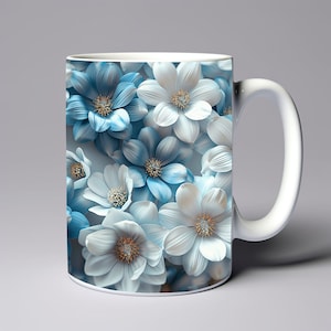 3D Blue White Flowers Mug Wrap 11oz 15oz Mug Template Mug Sublimation Design Colorful Flowers Mug Template Instant Digital Download PNG