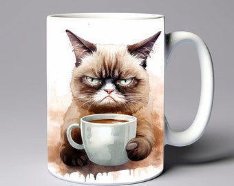 Gatto scontroso con involucro di tazza da caffè Modello tazza da 11 once 15 once Gatto scontroso tazza Design a sublimazione Modello involucro tazza Download digitale istantaneo PNG
