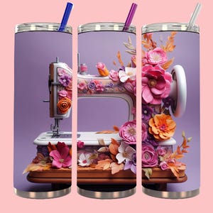3D Sewing Machine 20 oz Skinny Tumbler Sublimation Design Floral Sewing Machine Straight Tapered Tumbler Wrap Instant Digital Download PNG