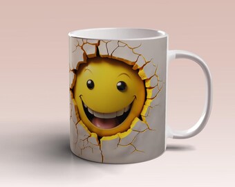 3D Smiley Face Hole In a Wall Mug Wrap, 11oz 15oz Mug Template, Face Mug Sublimation Design, Mug Wrap Template, Instant Digital Download PNG