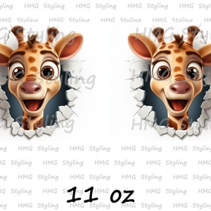 3D Giraffee Mug Wrap 11oz 15oz Mug Template Mug Sublimation Design Cartoon Giraffee Hole In Wall Wrap Template Instant Digital Download PNG