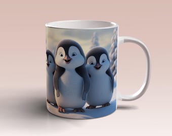 3D Baby Penguins Noel Winter Mug Wrap, 11oz 15 oz Mug Template, Penguins in Christmas Mug Sublimation Design, Instant Digital Download PNG