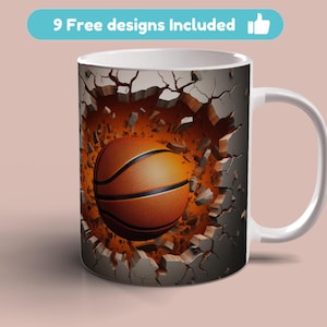 May include: White ceramic mug with a basketball breaking through a cracked wall design. The basketball is orange and brown.