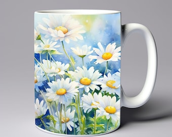 May include: White ceramic mug with a watercolor design of white daisies with yellow centers on a blue background.