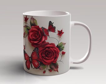 3D Red Butterflies Red Roses Mug Wrap 11oz 15oz Mug Template Mug Sublimation Design Coffee Mug Wrap Template, Instant Digital Download PNG