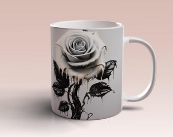3D White Black Roses Flowers Mug Wrap, 11oz 15oz Mug Template, 3D Mug Sublimation Design, 3D Mug Wrap, Template Instant Digital Download PNG
