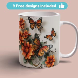 May include: White ceramic mug with a design of orange flowers and butterflies. The butterflies are orange and black with intricate wing patterns.