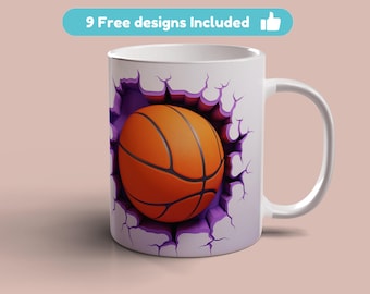 Kubek z piłką do koszykówki 3D, szablon kubka 11oz 15oz, projekt sublimacji otworu w ścianie do koszykówki, szablon kubka natychmiastowe pobieranie cyfrowe PNG