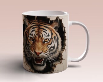 3D Tiger Hole In A Wall Mug Wrap 11oz 15oz Mug Template Mug Sublimation Design 3D Animal Mug Wrap Template Instant Digital Download PNG