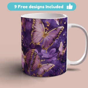 Gold Purple Butterflies Mug Wrap 11oz 15oz Mug Template Mug Sublimation Design Butterflies Mug Wrap Template Instant Digital Download PNG