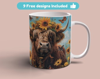 Highland Cow Sunflowers Butterflies Mug Wrap, 11oz 15oz Mug Template, Mug Sublimation Design, Mug Wrap Template Instant Digital Download PNG