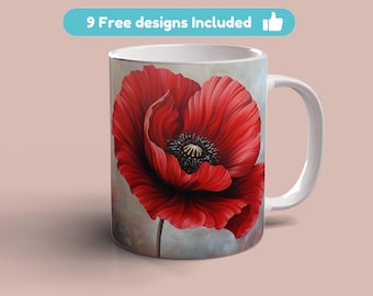3D Red Poppy Flowers Mug Wrap, 11oz 15oz Mug Template Mug Sublimation Design, Cute Red Poppy Mug Wrap, Template Instant Digital Download PNG