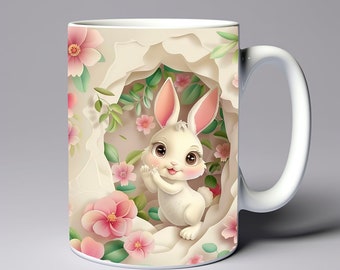 3D Rabbit Hole In Wall Mug Wrap 11oz 15oz Mug Template Mug Sublimation Design Rabbit With Flowers Mug Template Instant Digital Download PNG