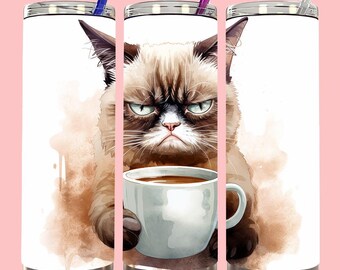 Grumpy Cat With Coffee 20 oz Skinny Tumbler Sublimation Design Cat Coffee Straight Tapered Tumbler Wrap Tumbler Instant Digital Download PNG