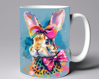 Colorful Easter Rabbit Bow Mug Wrap 11oz 15oz Mug Template 3D Rabbit Mug Sublimation Design Mug Wrap Template Instant Digital Download PNG