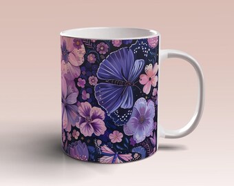 Pink Purple Flowers Butterflies Mug Wrap 11oz 15oz Mug Template Colour Mug Sublimation Design Mug Wrap Template Instant Digital Download PNG