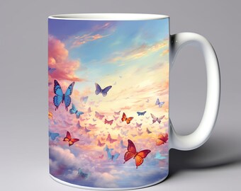 Butterflies Pastel Colors Sky Mug Wrap 11oz 15oz Mug Template 3D Mug Sublimation Design Mug Wrap Template Instant Digital Download PNG