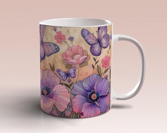 Pink Purple Flowers Butterflies Mug Wrap 11oz 15oz Mug Template Flower Mug Sublimation Design Mug Wrap Template Instant Digital Download PNG