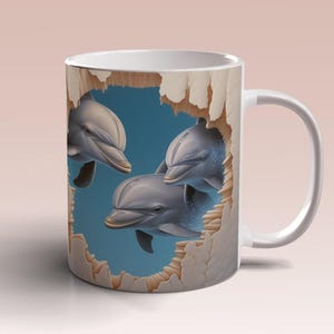 Three Dolphins Hole In Wall Mug Wrap 11oz 15oz Mug Template 3D Ocean Mug Sublimation Design Mug Wrap Template Instant Digital Download PNG