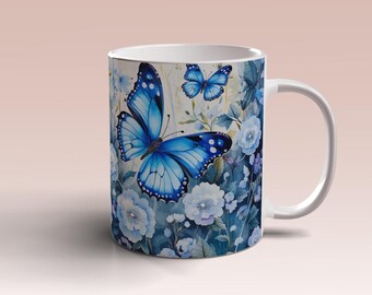 Farfalle blu Fiori Tazza Wrap 11oz 15oz Tazza Modello Farfalla Tazza Sublimazione Design Tazza Wrap Modello Download Digitale Istantaneo PNG