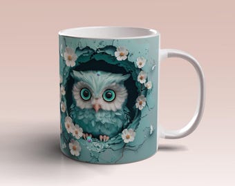 3D Baby Owl Hole In Wall Mug Wrap 11oz 15oz Mug Template Mug Sublimation Design Cute Baby Owl Mug Wrap Template Instant Digital Download PNG